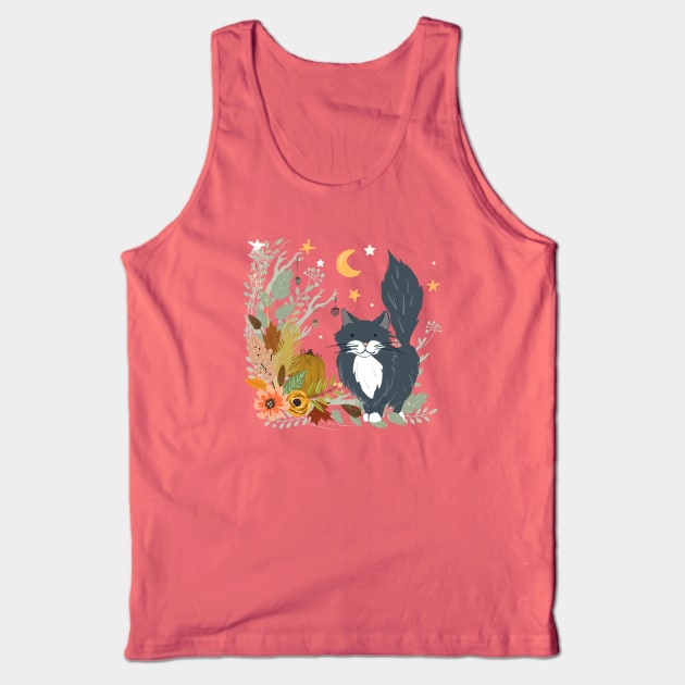 Autumn Garden Moonlit Kitty Cat Tank Top by LittleBunnySunshine